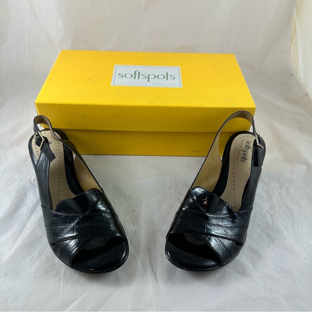 Softspots Black Croc Linette Slingback Wedge size 7.5 M.